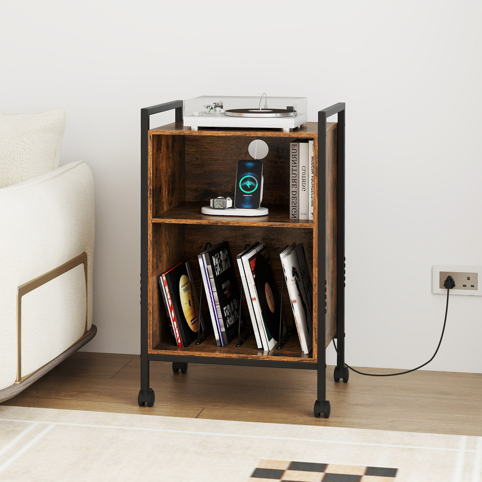 17 Stories 3-Tier Rolling Record Player Stand w/ Charging Station